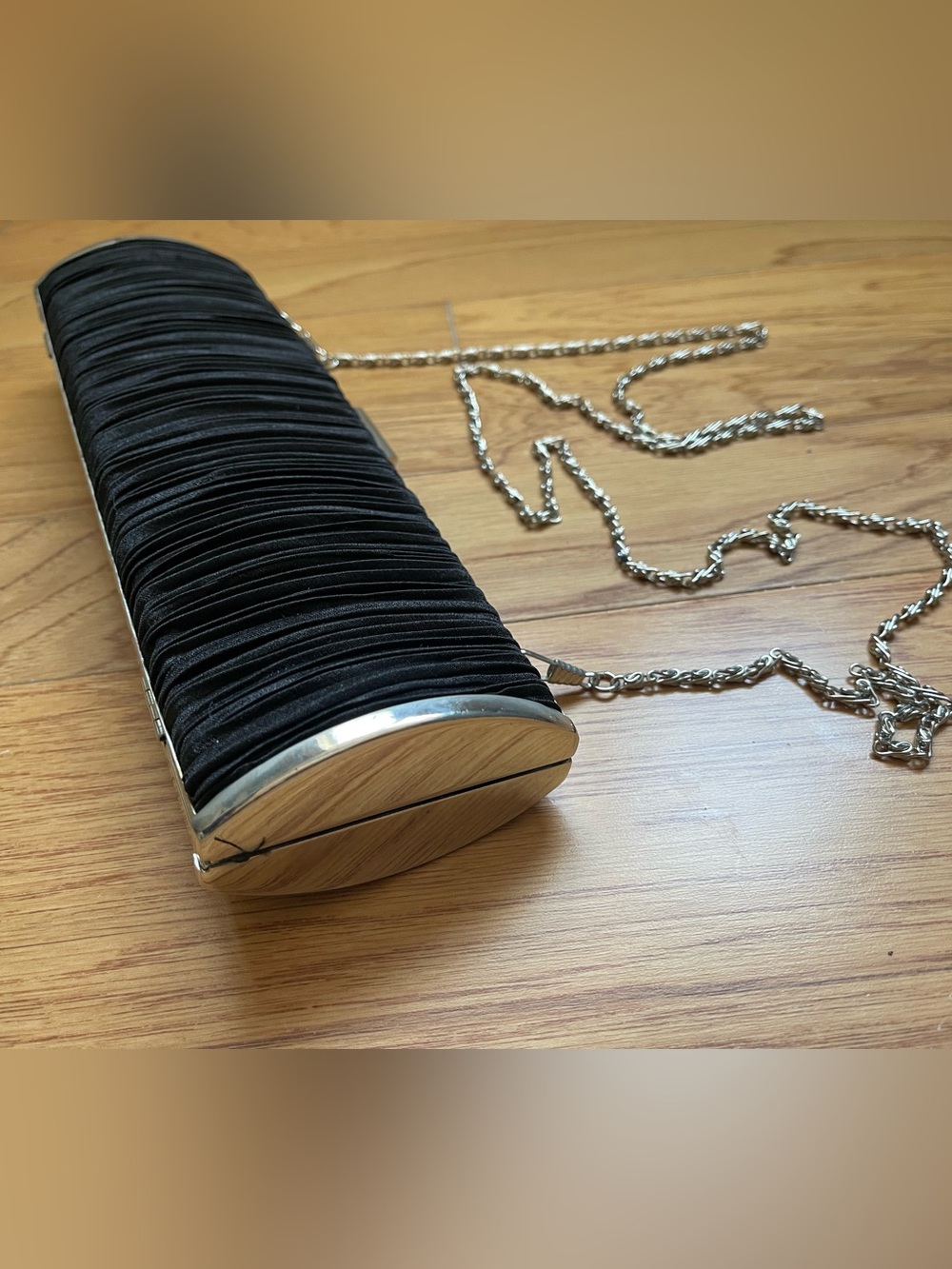 Black Ruched Satin Clutch Silver Chain Evening Bag